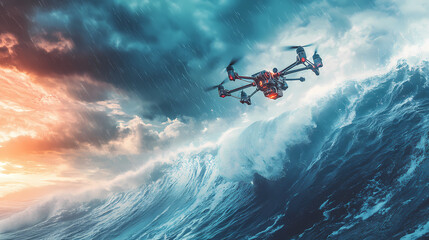 Futuristic drone navigating a turbulent ocean wave under a stormy sky, digital art of futuristic technology concept. Mechanical Ocean Waves. Illustration