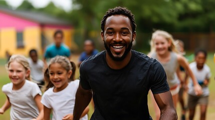 Happy male teacher joyfully runs alongside a group of diverse children outdoors. A vibrant, candid shot ideal for education, community, and childhood themes.