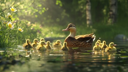 A mother duck swims in a lake surrounded by her ducklings. 