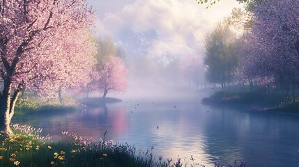 Beautiful Spring Equinox morning with mist rising off lake and blooming trees