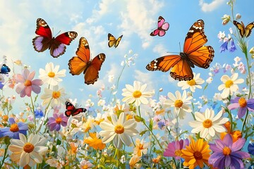 Fototapeta premium Tranquil Spring Equinox garden with butterflies fluttering around new flowers