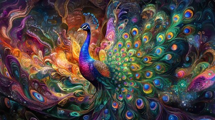 A vibrant display of iridescent colors unfurls as the peacock spreads its magnificent plumage. 