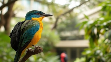 Obraz premium A vibrantly colored bird perches on a branch in a zoo in Taiwan. 