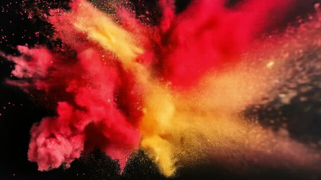 Red and yellow colored powder explosions on black background. Holi paint powder splash in colors of Spanish flag