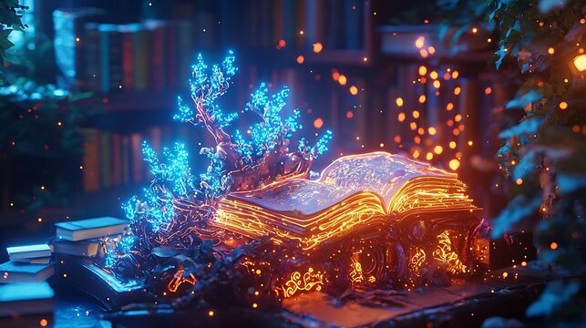 A surreal glowing storyteller crafting vibrant, dynamic scenes a fable with intricate details and radiant lighting effects.