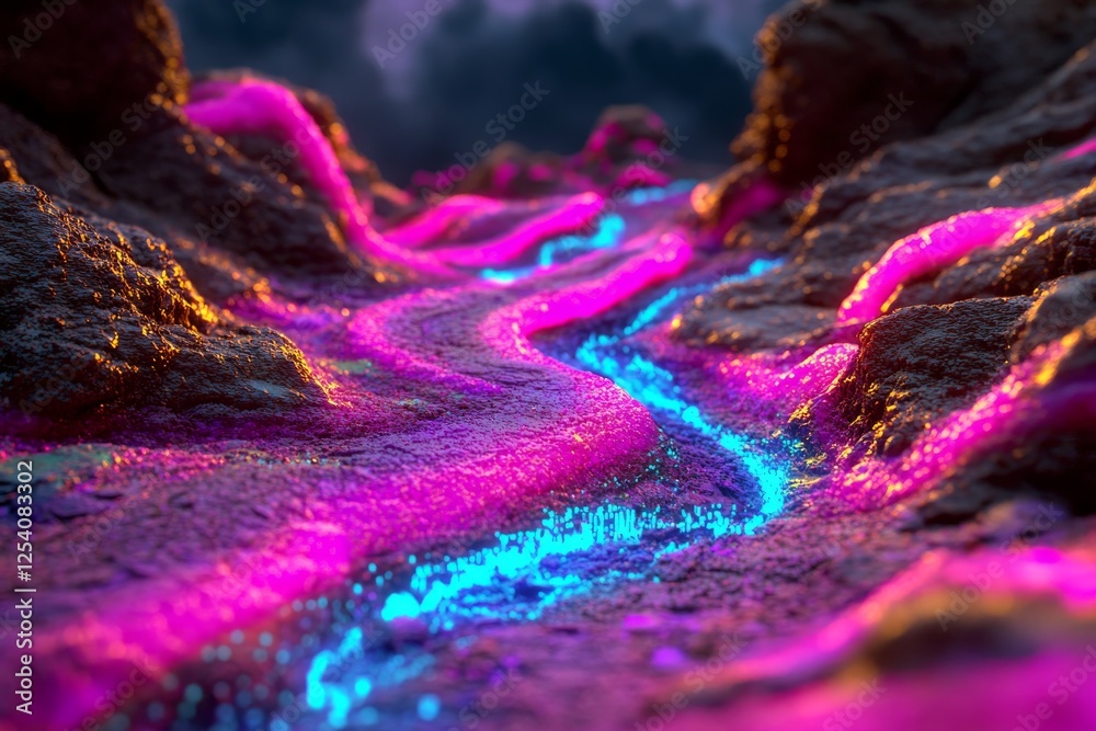 Fototapete 3d rendering of abstract digital data flowing with depth of field and bokeh effect, Abstract digital technology wallpaper with flowing binary waves and data points, AI Generated