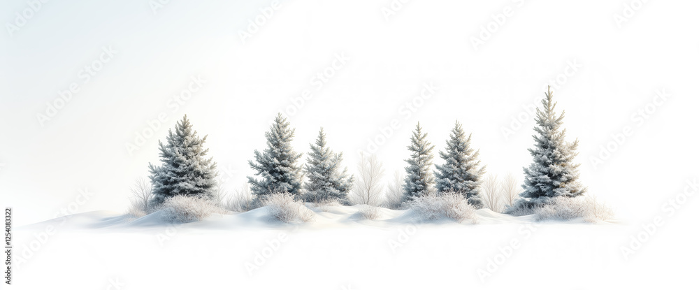 Poster A row of pine trees are standing in a snow-covered field. The trees are bare and covered in snow, giving the scene a serene and peaceful atmosphere