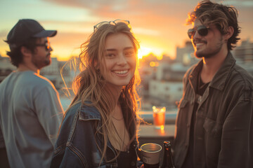 A woman with blonde hair is smiling at the camera while two men look on. The scene is set in a city, with the woman holding a drink and the men holding beer. Scene is lighthearted and fun