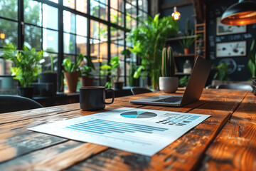 A laptop and a mug of coffee sit on a wooden table with a piece of paper with graphs on it. The scene suggests a work environment where someone is working on a project or analyzing data