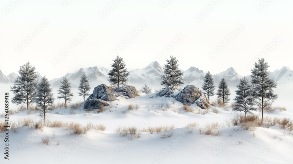 Aufkleber A snowy landscape with a few trees and rocks. The trees are bare and the rocks are large. The sky is cloudy and the snow is falling