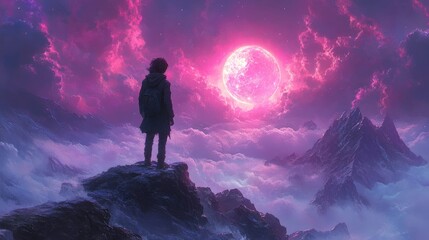 A figure stands on a rocky peak, gazing at a vibrant, surreal moonlit sky.