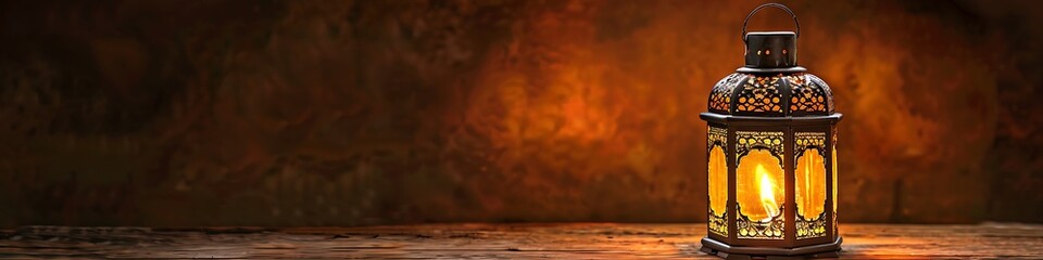 Lantern on rustic table, Ramadan theme, warm colors, detailed, dark brown background, professional shot.