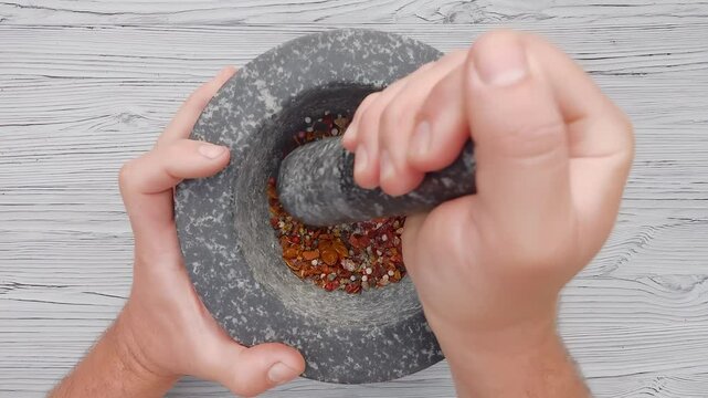 Hand with a pestle is grinding and mixing various kinds of spices, peppers and sea salt in the grey stone mortar. High quality 4k footage