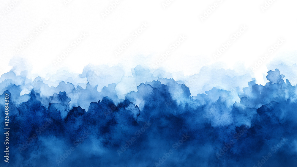 Poster A painting of a blue and white background with a blue line in the middle, resembling a wave. The blue line is the main focus of the painting, and it is moving across the canvas