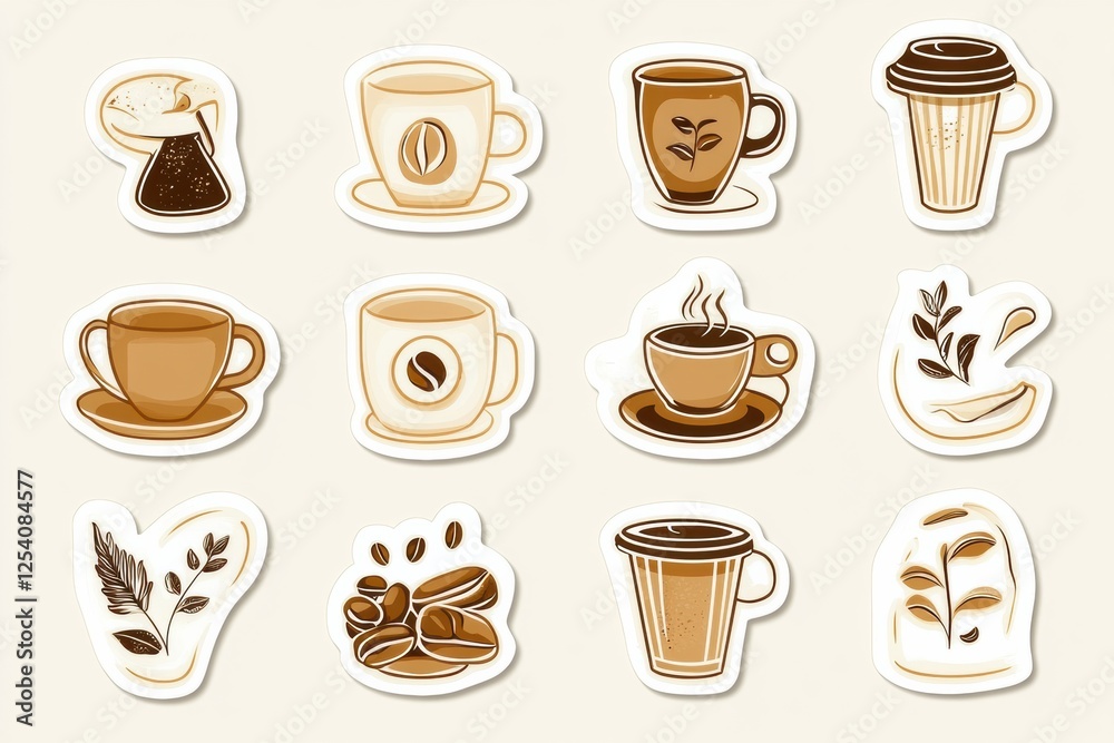 Poster stickers featuring coffee cups and beans in various styles and designs for coffee lovers and enthusi
