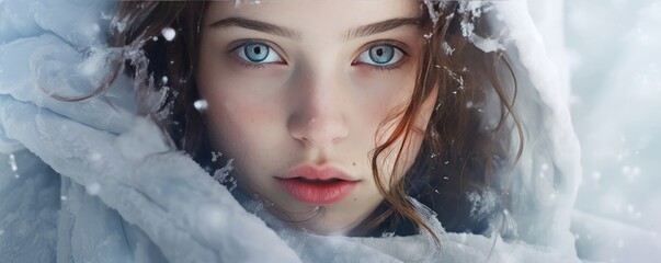 Beautiful winter portrait in snow with white hood and snowflakes. Romantic holiday seasonal concept for Christmas, New Year, winter solstice. Fashion and beauty