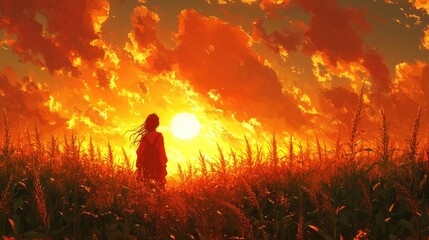 Fototapeta premium A silhouette of a person stands in a field at sunset, surrounded by vibrant colors and clouds.