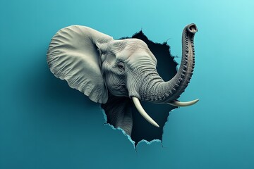 Hyperrealistic art of an elephant jumping out of a hole in the wall, designed for t-shirt prints, posters, and magazine covers in a photorealism style
