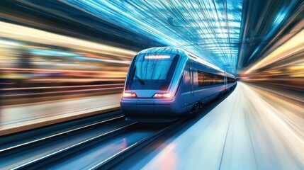 Obraz premium High-Speed Train Moving Through Illuminated Tunnel