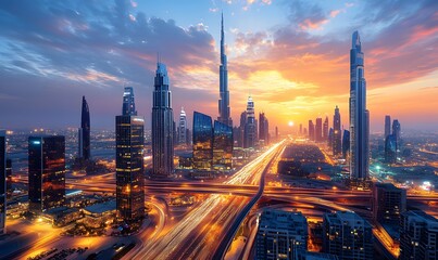 Spectacular cityscape of Dubai at sunset showcasing illuminated skyscrapers and roads with light trails