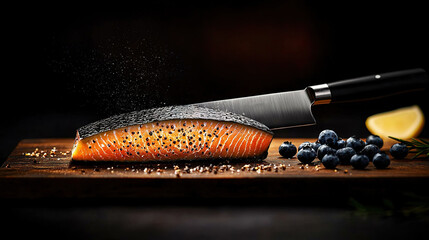   A fish on a cutting board with a knife nearby and blueberries also on the board