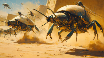Obraz premium Mech war in ancient egypt: robot beetles, desert combat, sci-fi scene. Ancient War Machines. Illustration