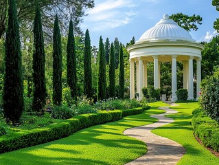 Obraz premium Elegant Garden with White Pavilion and Curved Stone Path Surrounded by Greenery