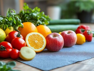 Healthy lifestyle concept with fresh produce and yoga poses for World Health Day