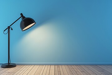 Minimalist black desk lamp shining on a serene blue wall, enhancing a modern office environment with a polished wooden floor. Perfect for conveying concepts of creativity and focus.