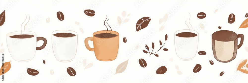 Poster coffee cup stickers featuring various styles and designs with floating coffee beans and leaves for c
