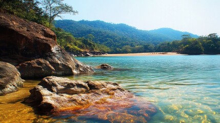 Serene Tropical Cove: Crystal Clear Waters and Lush Green Mountains