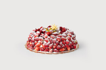A light and fresh torta with strawberries, featuring a soft sponge cake topped with vibrant, juicy strawberries and a delicate cream,  set against a clean white background