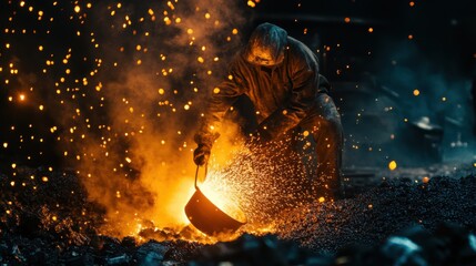 An expansive view of workers in a steel foundry, pouring molten metal into molds for casting industrial parts, Steel foundry scene