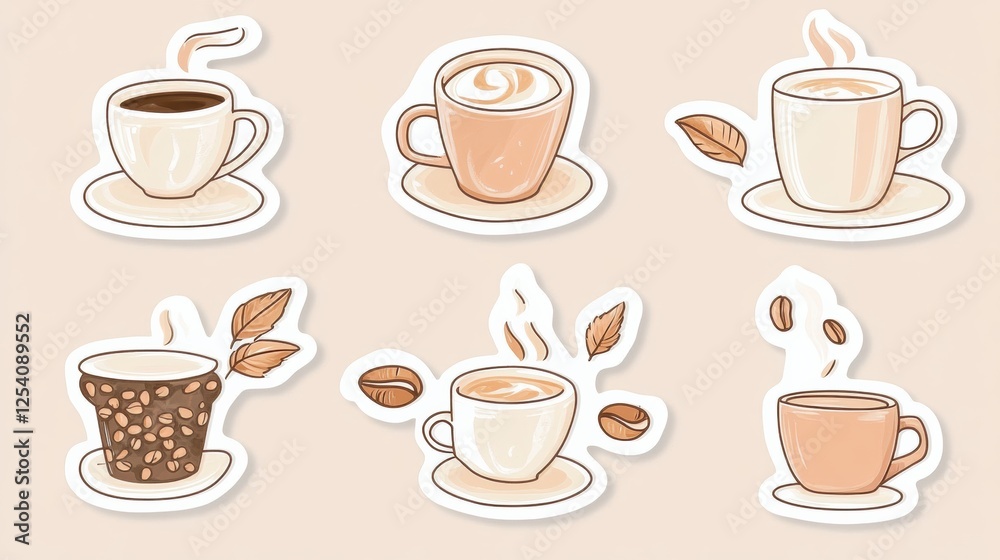 Poster creative stickers featuring various styles of coffee cups and coffee beans perfect for graphic desig
