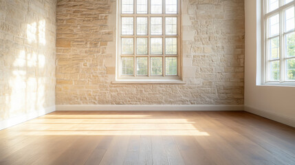 Bright sunlit room with stone wall and large window illuminating wooden floor