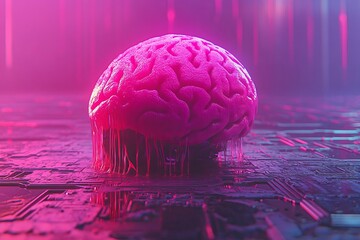 A futuristic digital artwork featuring a glowing brain with colorful circuitry, presenting a dynamic and imaginative design, exudes a technological atmosphere