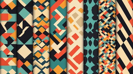 Abstract Geometric Seamless Patterns Retro Style Vintage Design Teal Orange Yellow Backgrounds Modern Textile Prints Fashion Fabric Repeating Textures