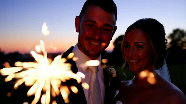 A mesmerizing slow-motion scene of a sparkler burning brightly in the hands of a couple during their evening send-off, with warm glowing faces.