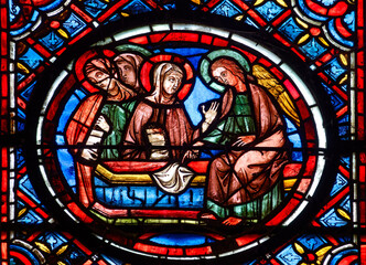 Stained glass (19th century) of Women at the tomb after Jesus' Resurrection. .