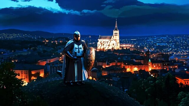 A knight standing on top of a building holding a sword and shield