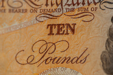 Close up of Banknote for backgrounds England Banknote 10 pounds