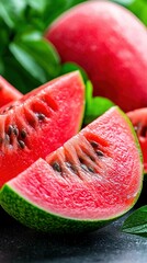   A collection of watermelon wedges resting on a table beside a verdant foliage