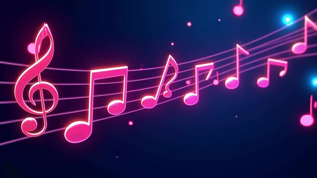A close-up of a neon music grid with lights hangs musical notes in neon neon and a treble clef on a dark background, surrounded by flying notes and lights. The concept of music, sheet music,