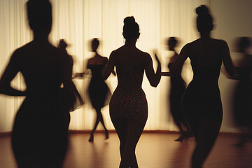 Silhouettes of Grace: A captivating silhouette of dancers in motion, their bodies gracefully intertwined as they move across the stage under the warm glow of stage lights.