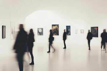 Fototapeta premium Art Appreciation: Silhouettes of art enthusiasts meander through a minimalist gallery space, their forms blurred as they engage with vibrant artwork displayed on pristine white walls.