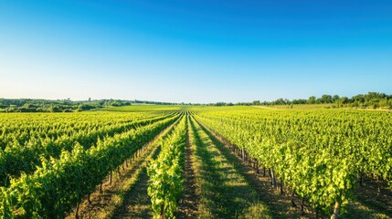 An expansive vineyard landscape with rows of grapevines under a clear blue sky, Vineyard scene, Natural beauty style