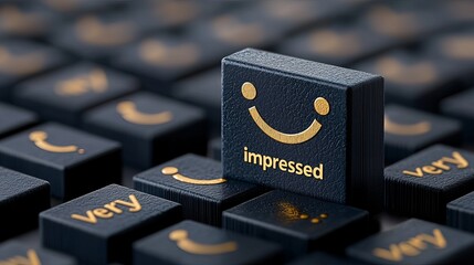 Obraz premium Close-up of a black keyboard key with a gold 'impressed' label and a smiling emoticon, highlighting positive feedback.