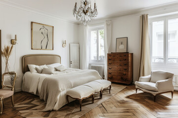 Fototapeta premium Elegant vintage bedroom with chandelier and wooden furniture