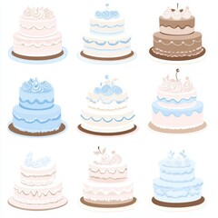 A collection of four modern and vibrant illustrations highlighting different wedding cake designs