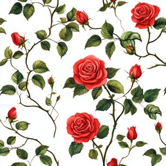 Fototapeta premium Red roses climbing vines seamless pattern textile design